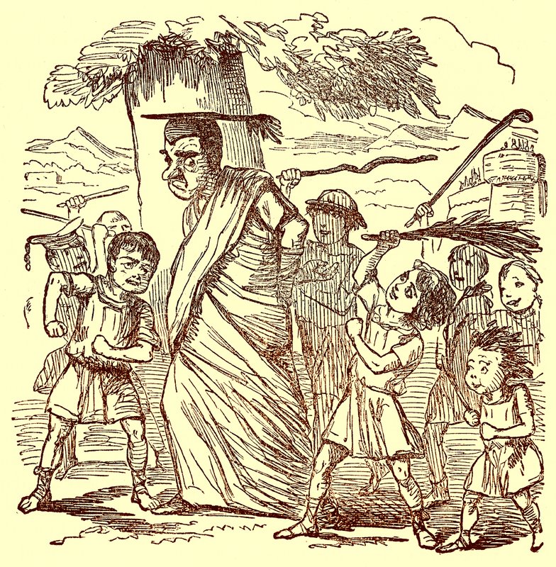 Escolares azotando al maestro, ilustración de La Historia Cómica de Roma de Gilbert Abbott a Beckett, publicada c.1850 de English School