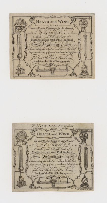 Tarjetas comerciales de fabricantes de instrumentos científicos, Heath y Wing y su sucesor T Newman de English School
