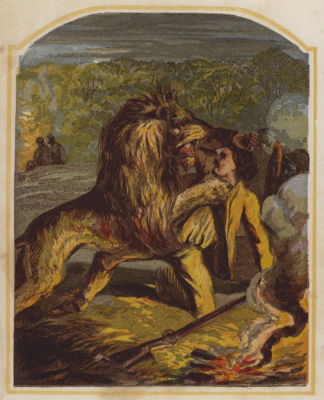 El misionero escocés David Livingstone atacado por un león en África (cromolito) de English School
