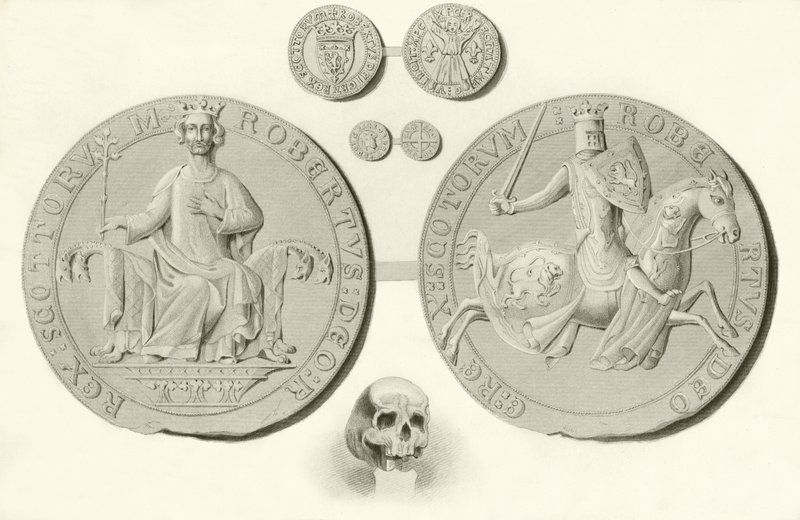 Sellos, monedas y cráneo del rey Roberto Bruce de English School