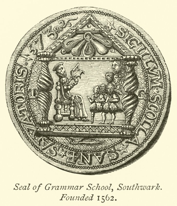 Sello de la Escuela de Gramática, Southwark, fundada en 1562 de English School