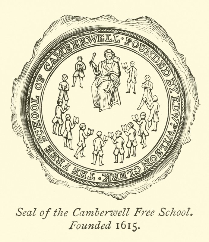 Sello de la Escuela Libre de Camberwell, Fundada en 1615 de English School