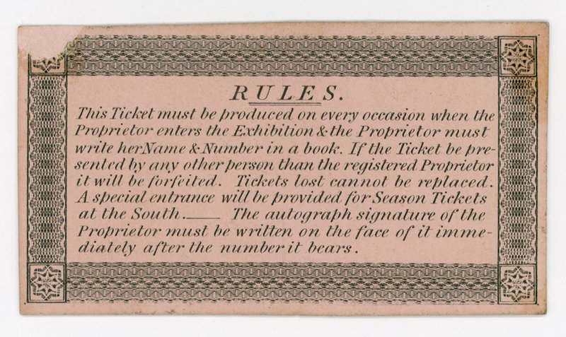 Pase de temporada para la Gran Exposición de 1851, reverso, mostrando reglas de English School