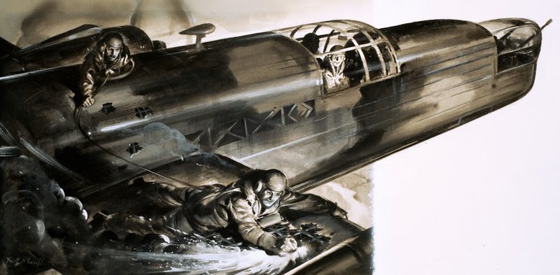 El sargento James Allen Ward caminando sobre el ala de un bombardero Wellington de English School