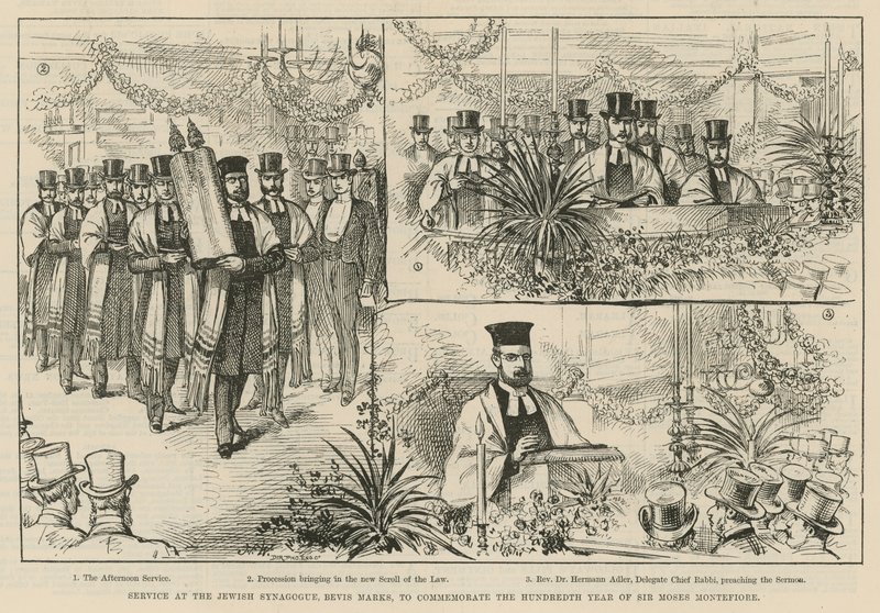 Servicio en la Sinagoga Judía, Bevis Marks, para conmemorar el centenario de Sir Moses Montefiore de English School