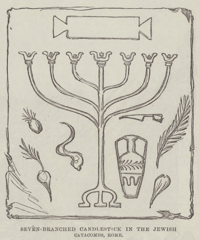 Candelabro de siete brazos en las catacumbas judías, Roma (grabado) de English School
