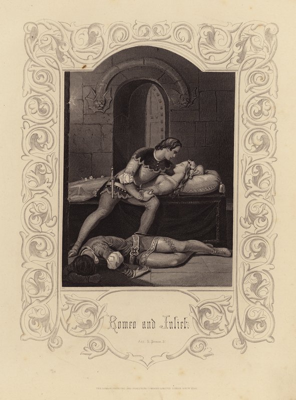 Shakespeare: Romeo y Julieta, Acto 5, Escena 3 (grabado) de English School