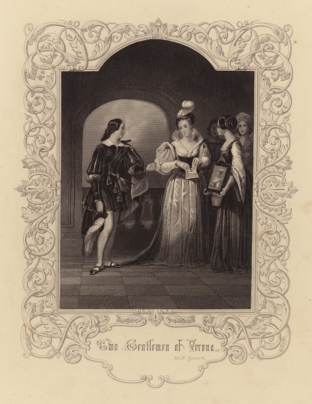 Shakespeare: Dos caballeros de Verona, Acto IV, Escena 4 (grabado) de English School