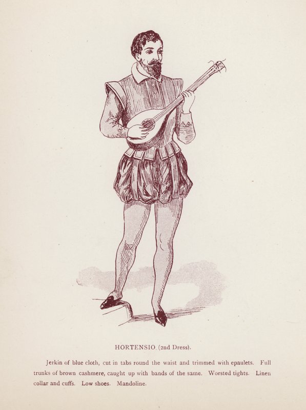 Hortensio, segundo vestido en La fierecilla domada de Shakespeare (litografía) de English School