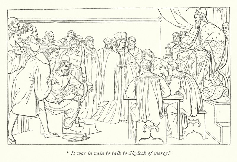 El mercader de Venecia de Shakespeare; Corte de juicio, el Dogo invitando a Portia a su asiento de English School