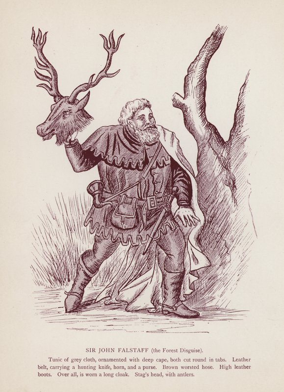 Sir John Falstaff, el disfraz del bosque en Las alegres comadres de Windsor de Shakespeare (litografía) de English School