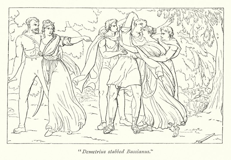 Tito Andrónico de Shakespeare; Demetrio, instigado por Tamora, asesina a Basiano de English School