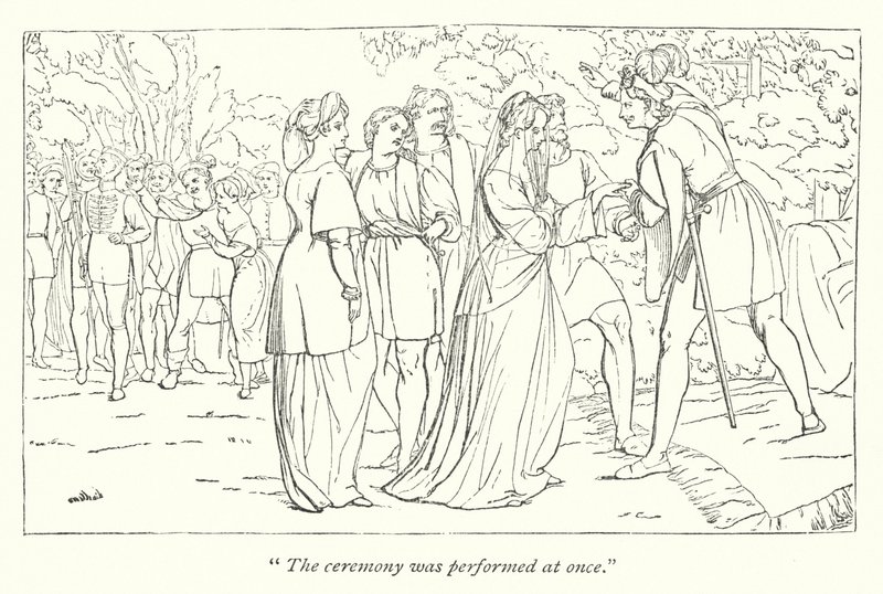 Noche de Reyes de Shakespeare; Orsino recibiendo a Viola de las manos de su protector de English School
