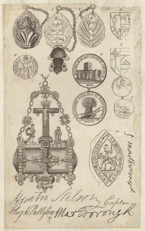 Hoja que representa monedas, sellos y fichas, con facsímiles de firmas de English School