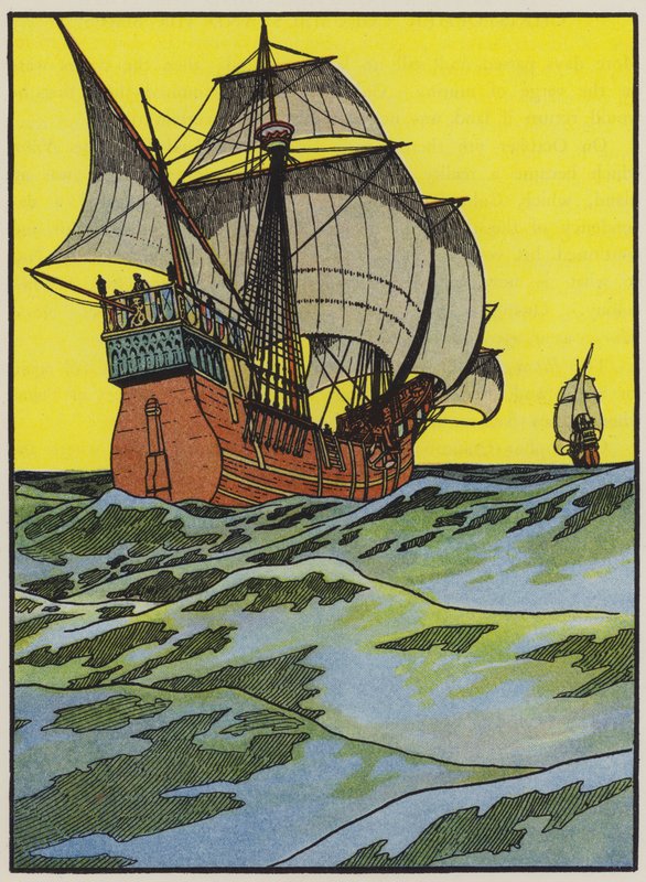 Barcos de Cristóbal Colón cruzando el Atlántico (litografía en color) de English School