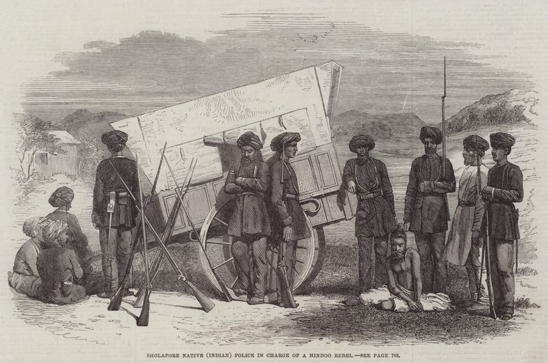 Policía nativa de Sholapore (India) a cargo de un rebelde hindú (grabado) de English School