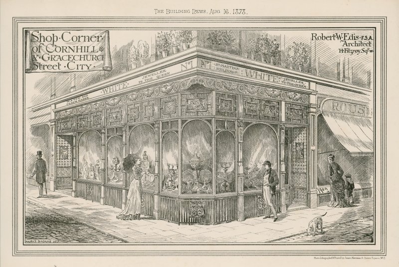 Tienda en la esquina de Cornhill y Gracechurch Street, City, Londres de English School
