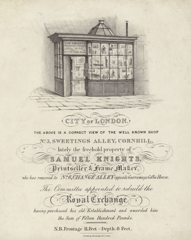 Tienda de Samuel Knights, vendedor de impresiones y fabricante de marcos, 3 Sweetings Alley, Cornhill, Ciudad de Londres de English School