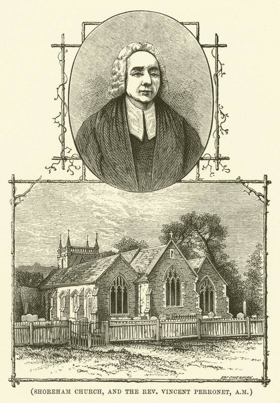 Iglesia de Shoreham, y el reverendo Vincent Perronet, AM (grabado) de English School