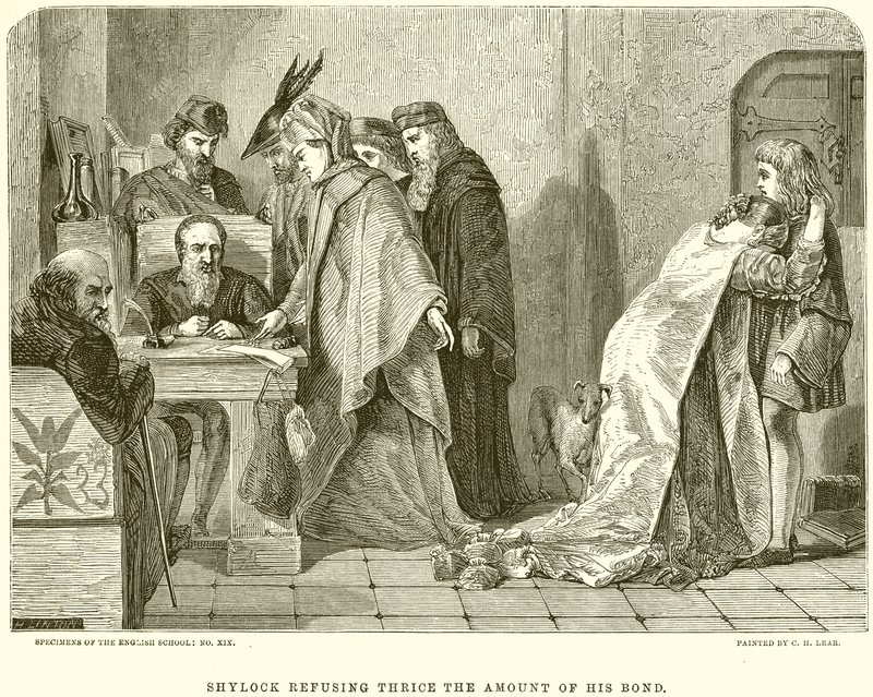 Shylock rechazando tres veces el monto de su fianza de English School
