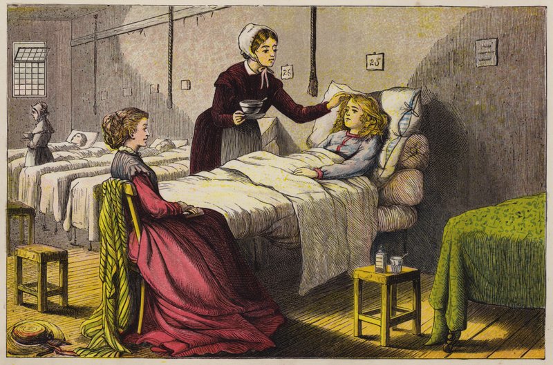 Niña enferma atendida en el hospital (grabado en color) de English School