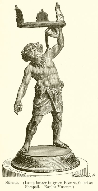 Silenus. (Portador de lámpara en bronce verde, encontrado en Pompeya. Museo de Nápoles) (grabado) de English School