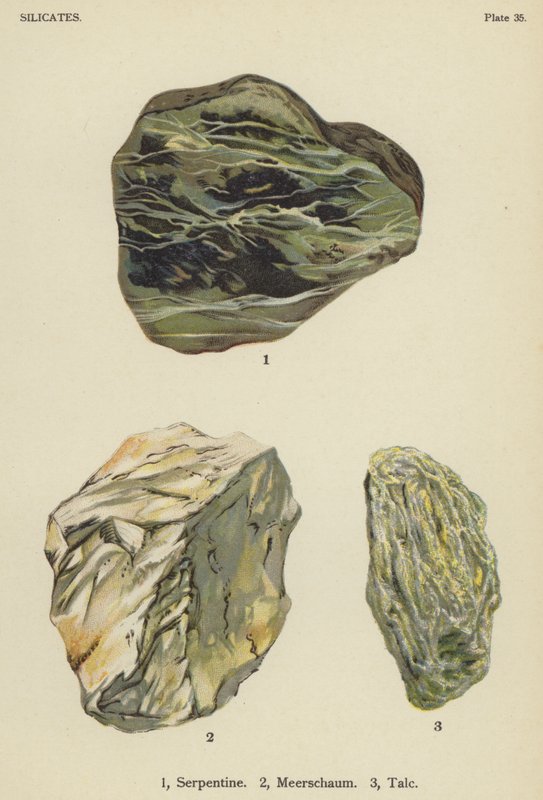 Silicatos, serpentina, espuma de mar, talco (litografía en color) de English School