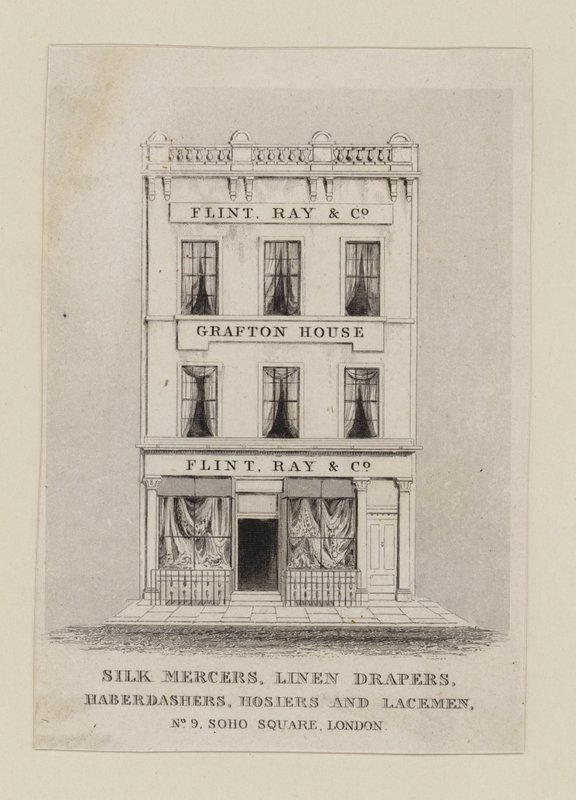 Tarjeta comercial de merceros de seda, Flint Ray & Co de English School
