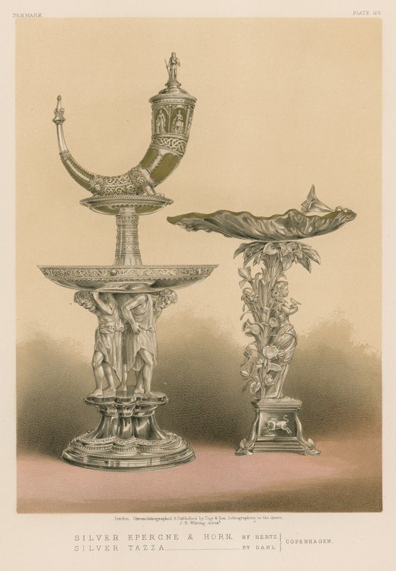 Epergne de plata y cuerno; Taza de plata de English School
