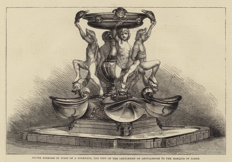Epergne de Plata en forma de Fuente, el Regalo de los Caballeros de Argyllshire al Marqués de Lorne (grabado) de English School