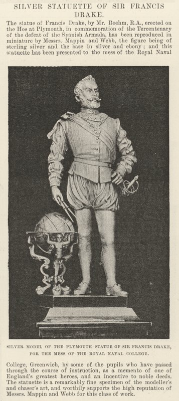 Modelo de Plata de la Estatua de Sir Francis Drake en Plymouth, para el Comedor del Colegio Naval Real de English School