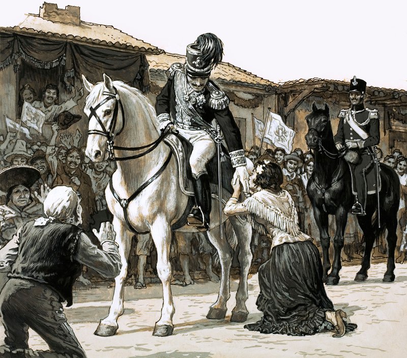 Simón Bolívar cabalga triunfante por las calles de Caracas de English School