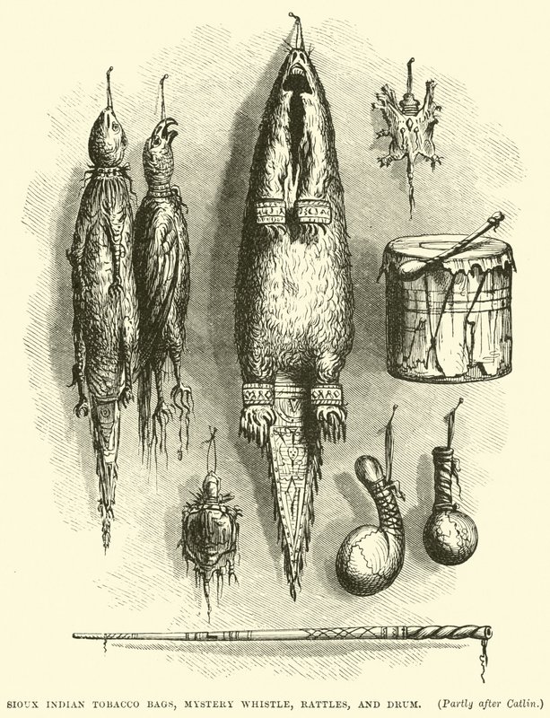 Bolsas de tabaco indias Sioux, silbato de misterio, sonajas y tambor de English School