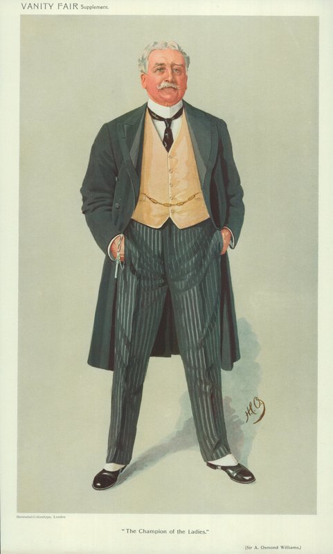 Sir A Osmond Williams, El Campeón de las Damas, 1 de diciembre de 1909, caricatura de Vanity Fair de English School