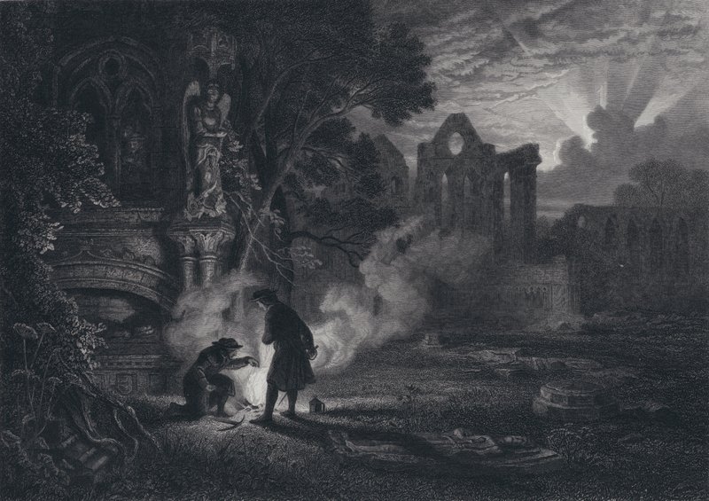 Sir Arthur y Dousterswivel en las ruinas de St Ruth (grabado) de English School