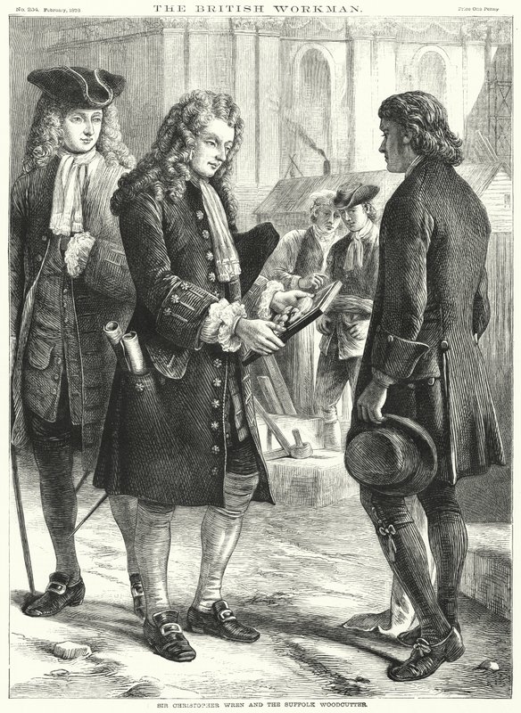 Sir Christopher Wren y el Leñador de Suffolk (grabado) de English School