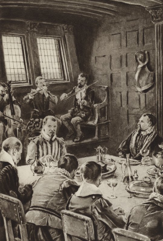 Sir Francis Drake, cenando en el Golden Hind al sonido de violines de English School