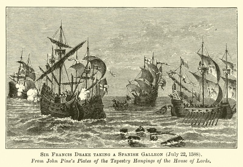 Sir Francis Drake tomando un Galeón Español, 22 de julio de 1588 de English School