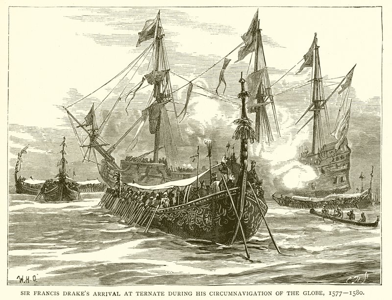 Llegada de Sir Francis Drake a Ternate durante su Circunnavegación del Globo, 1577-1580 de English School