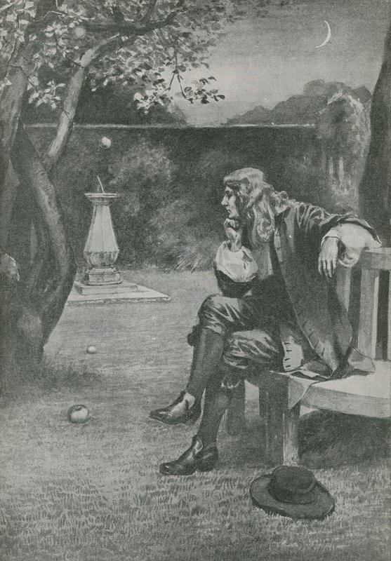 Sir Isaac Newton ve caer una manzana de English School