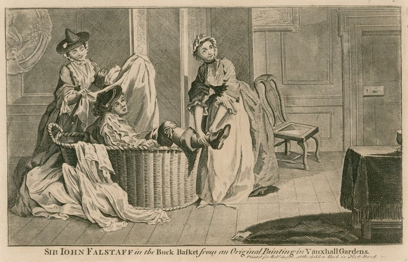Sir John Falstaff en la canasta de ropa, de una pintura original en los Jardines de Vauxhall, Londres de English School