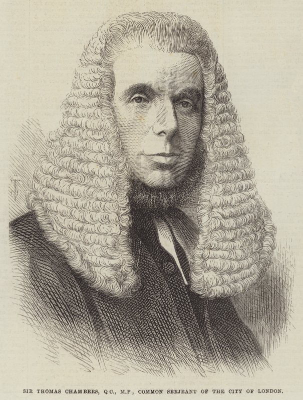Sir Thomas Chambers, QC, MP, Common Serjeant de la ciudad de Londres (grabado) de English School