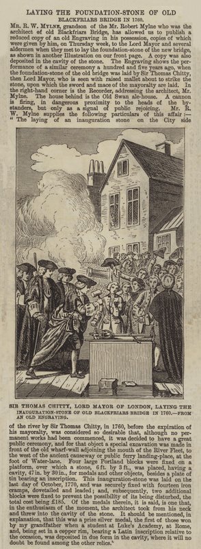 Sir Thomas Chitty, alcalde de Londres, colocando la piedra de inauguración del Puente de Blackfriars en 1760 de English School