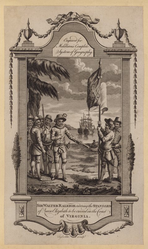 Sir Walter Raleigh ordenando erigir el estandarte de la Reina Isabel en la costa de Virginia de English School