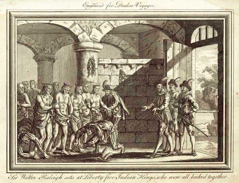 Sir Walter Raleigh libera a cinco reyes indios, que estaban unidos entre sí (grabado) de English School