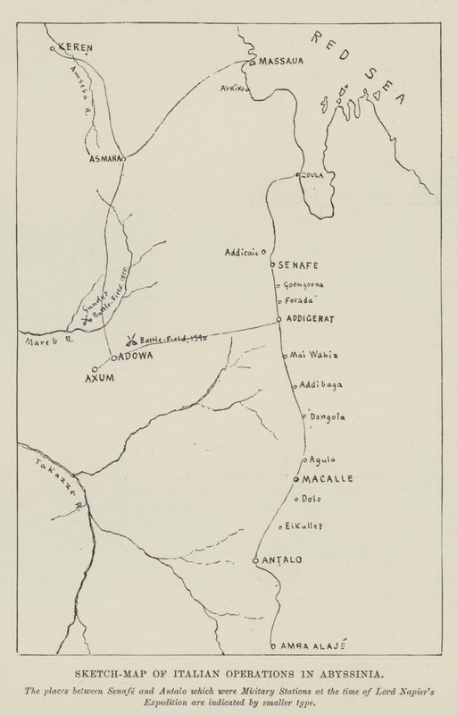 Mapa esquemático de las operaciones italianas en Abisinia (grabado) de English School