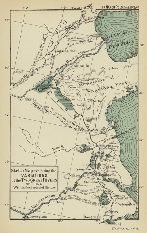 Mapa esquemático de las variaciones de los dos grandes ríos de China a lo largo de la historia (litografía en color) de English School