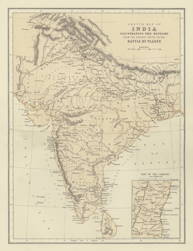 Mapa esquemático de la India que ilustra la historia desde el período más antiguo hasta la batalla de Plassy de English School