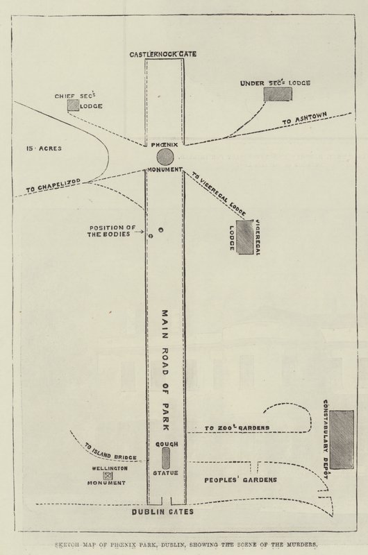 Mapa esquemático de Phoenix Park, Dublín, mostrando la escena de los asesinatos (grabado) de English School