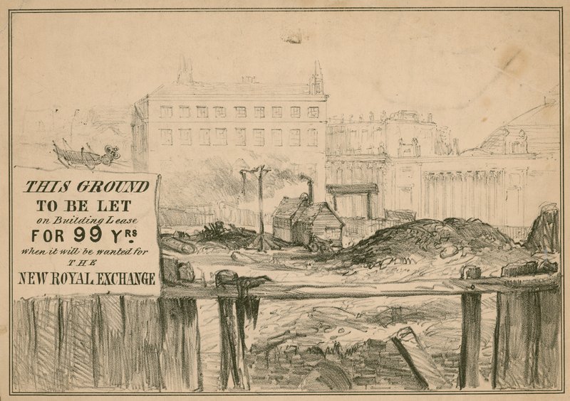 Boceto de los terrenos de la Bolsa Real, Londres, después del incendio de English School